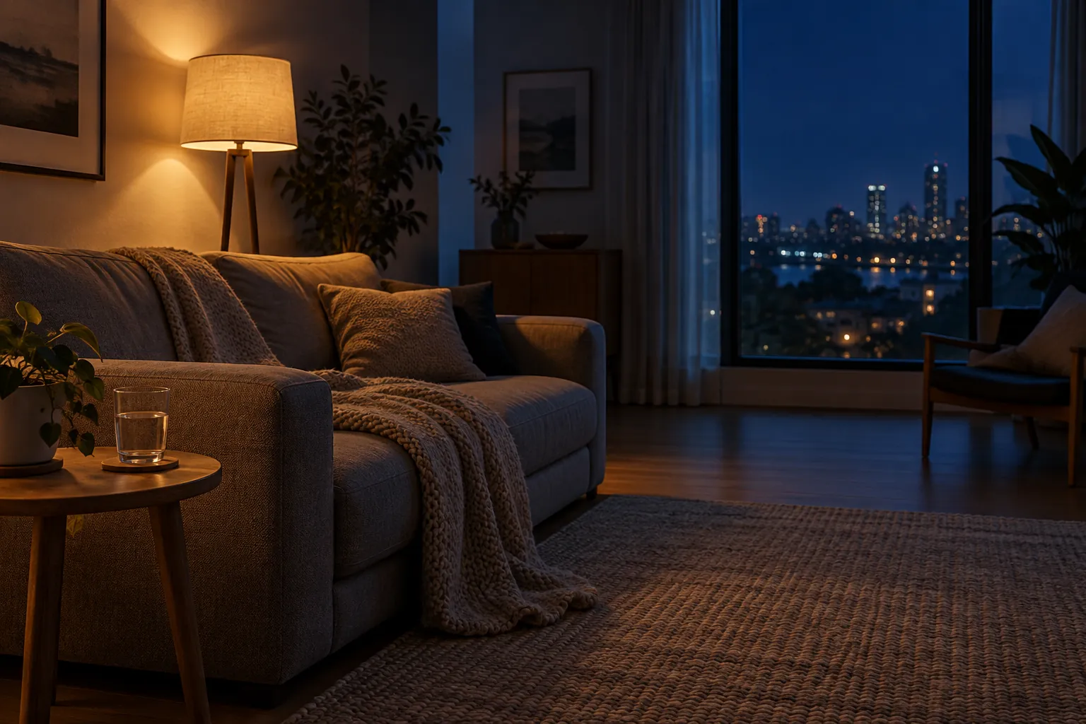 A quiet living room at night, one warm lamp, a blanket on the sofa and a glass of water