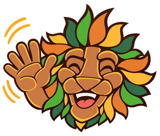 The Dutch-Smart mascot, a cheerful lion waving hello